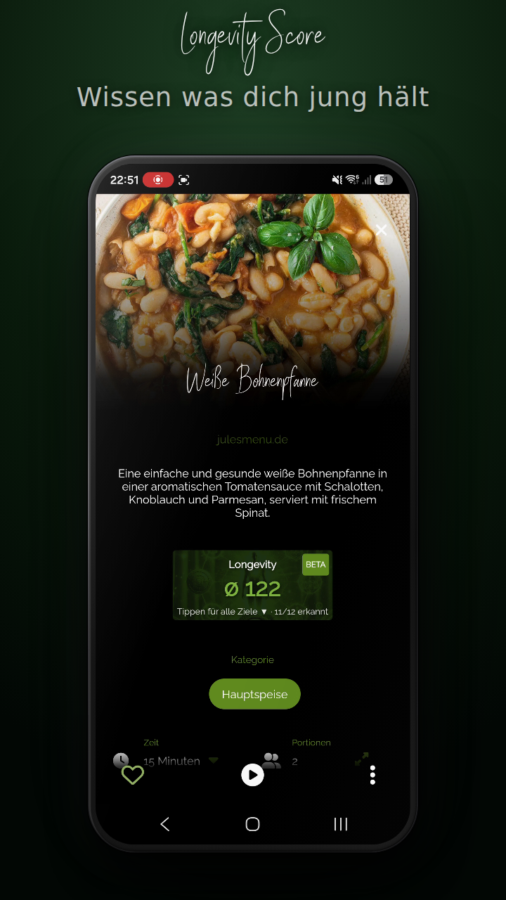 Longevity in der Food Secrets App – Rezepte und Nahrungmittel bewertet nach Longevity