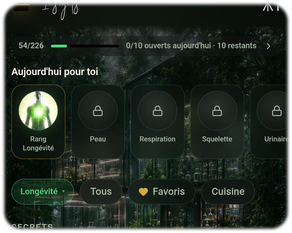 Écran des secrets de l'app Food Secrets — 47 conseils nutritionnels sur 226 ouverts, déblocage quotidien par nutriment et objectif