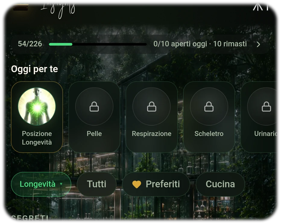 Schermata dei segreti dell'app Food Secrets — 47 consigli nutrizionali su 226 aperti, sblocco giornaliero per nutriente e obiettivo