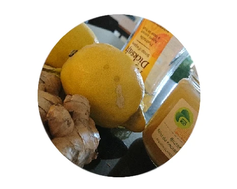 Zutaten für Ingwer-Kurkuma-Shot: Ingwer, frischer Kurkuma oder Pulver, Zitrone/Orange, Wasser, Honig