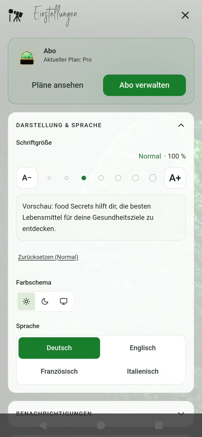 Food Secrets App v7 im neuen Design — dunkler und heller Modus der Ernährungs-App