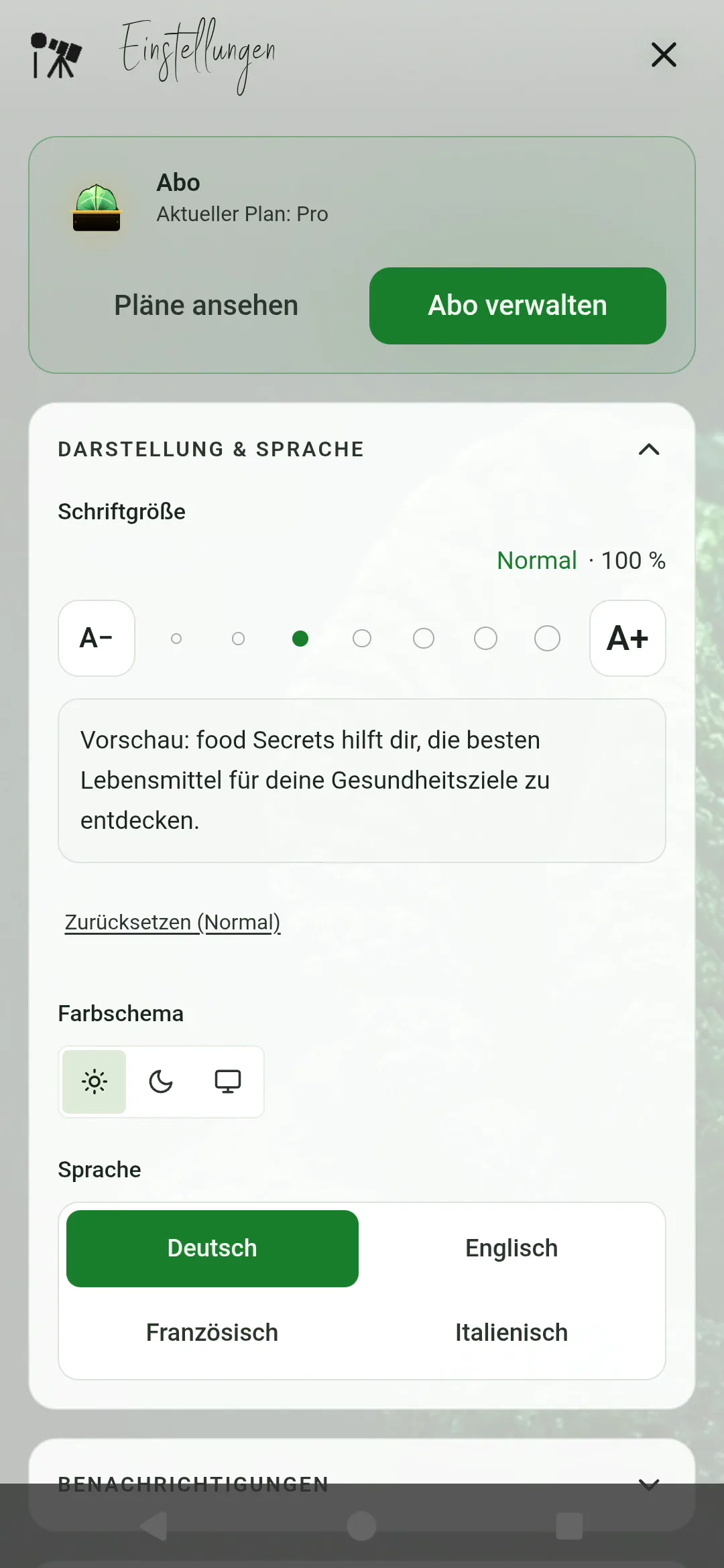Food Secrets App v7 im neuen Design — dunkler und heller Modus der Ernährungs-App