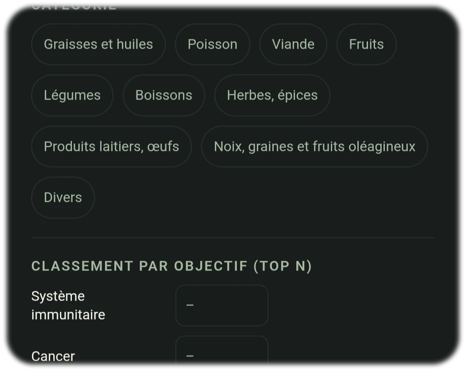 Table des nutriments avec filtre pour vitamines, minéraux et oligoéléments