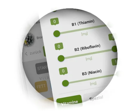 Nährstofftabelle App mit Filter für Vitamine, Mineralstoffe und Spurenelemente