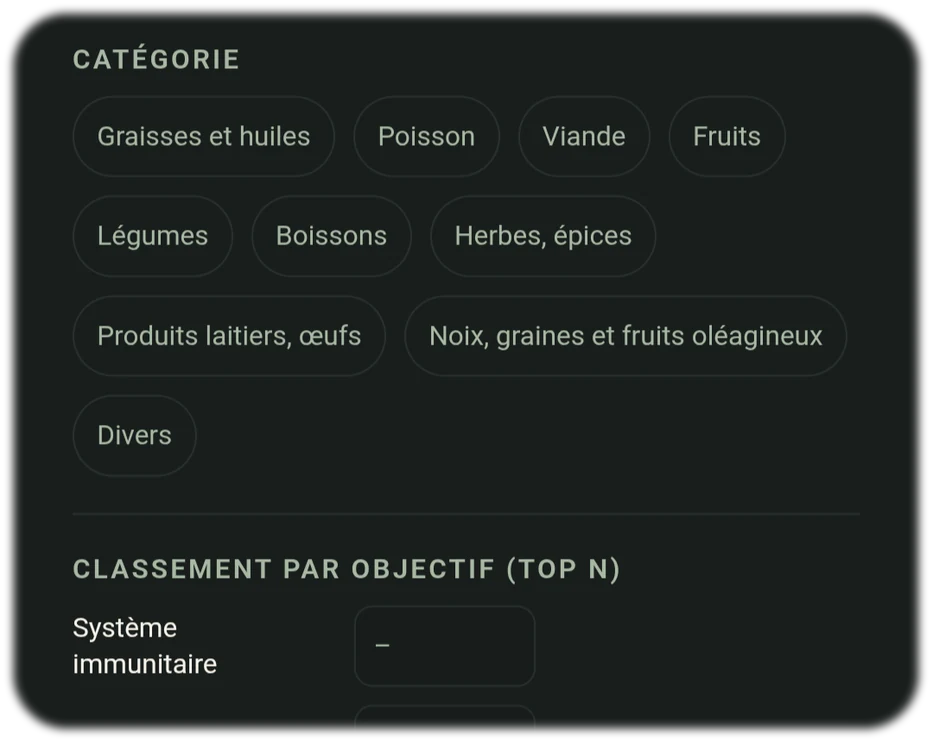 Analyse nutritionnelle dans Food Secrets – filtrer les aliments par catégorie et trouver des options saines