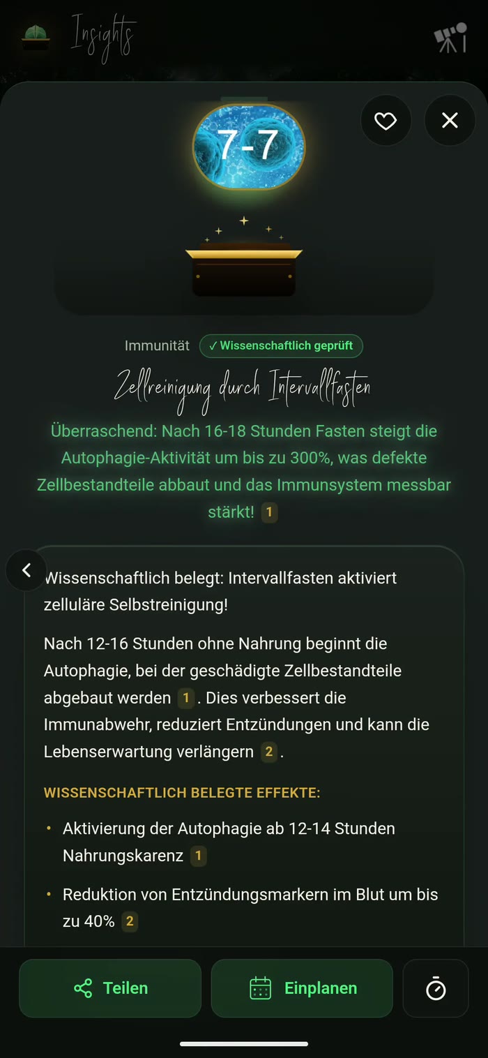 Fasten-Timer der Food Secrets App: Intervallfasten nach 16:8 mit laufendem Timer, Protokollauswahl und Verlauf