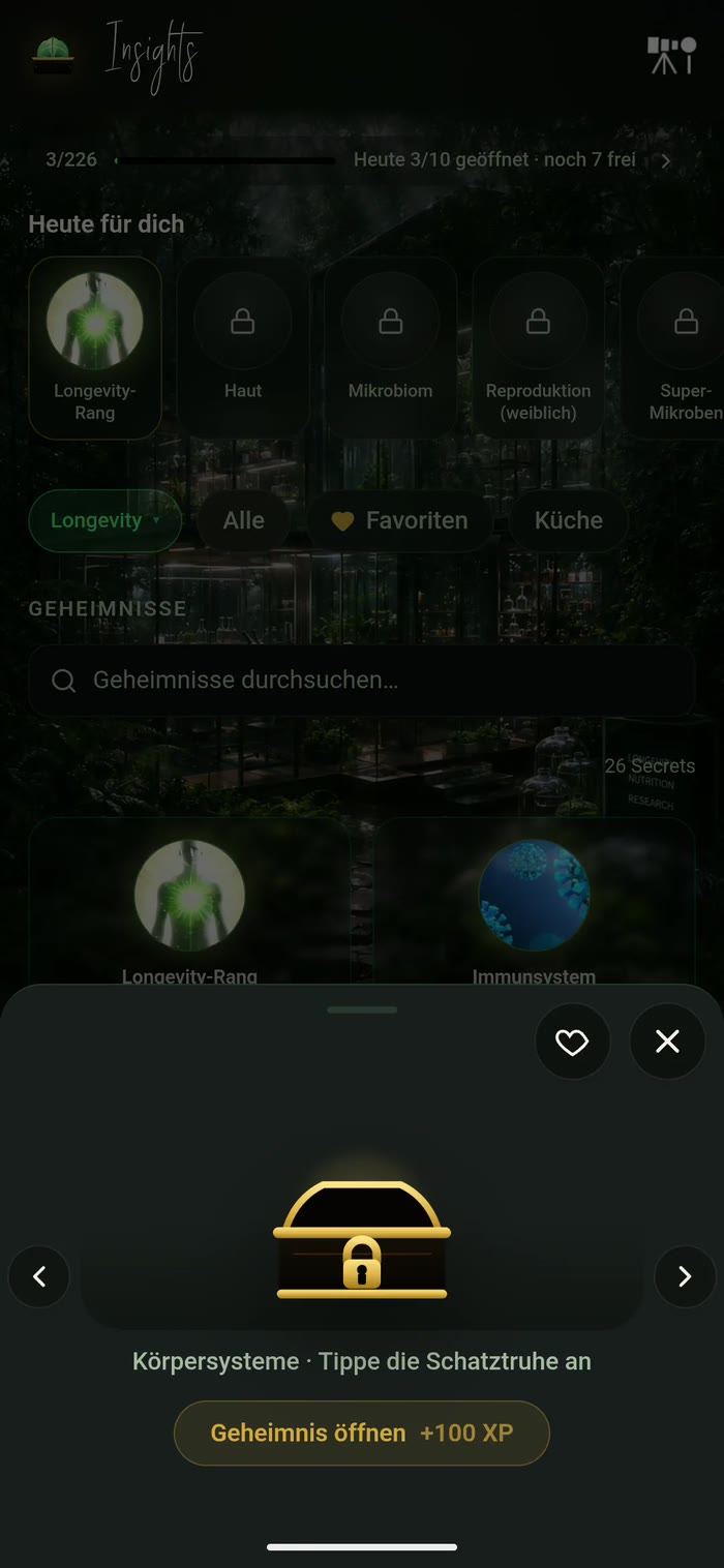 Geheimnisse und Schatzkammer in der Food Secrets App — täglich drei neue Ernährungstipps öffnen