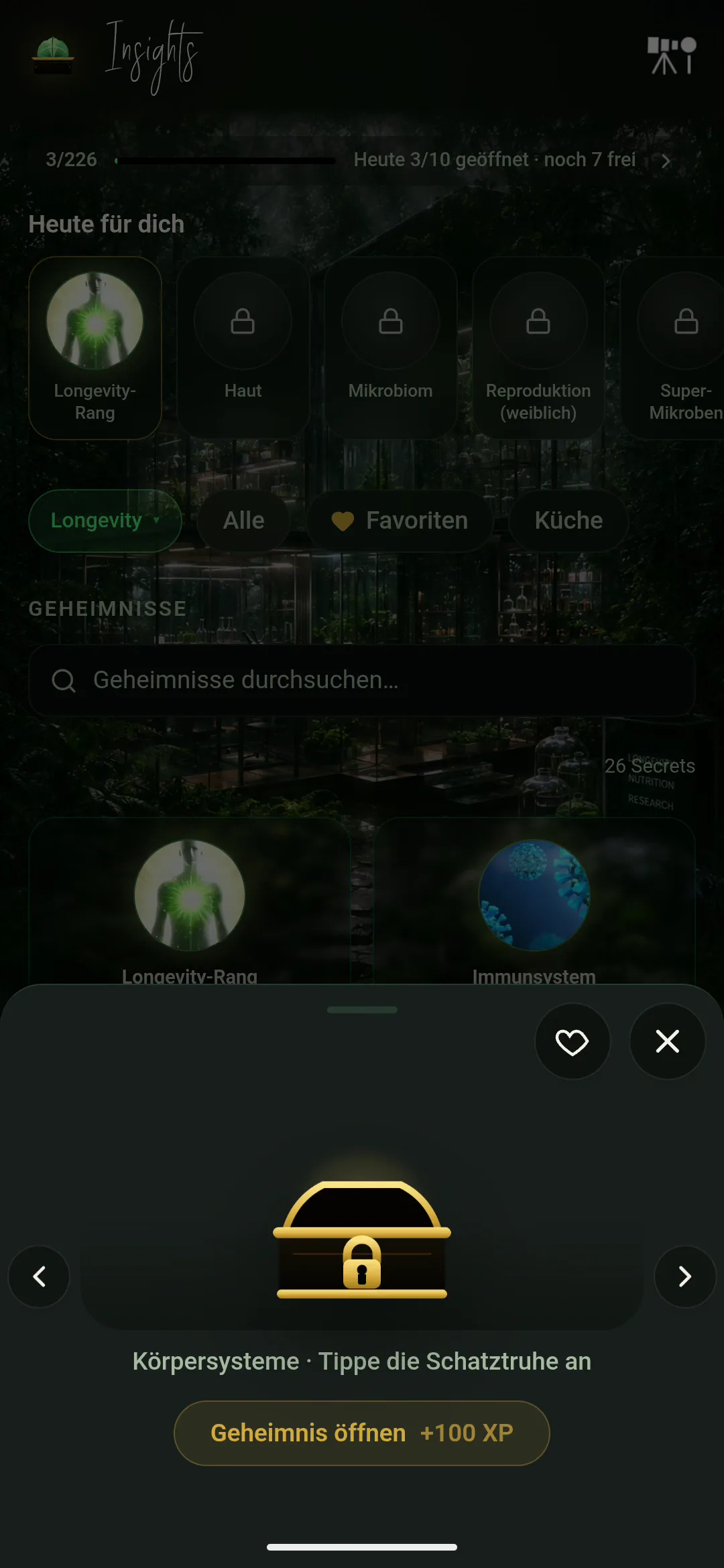 Food Secrets App Schatzkammer — geöffnete Ernährungsgeheimnisse sammeln, Signature Secrets freischalten und im Wochenplan terminieren