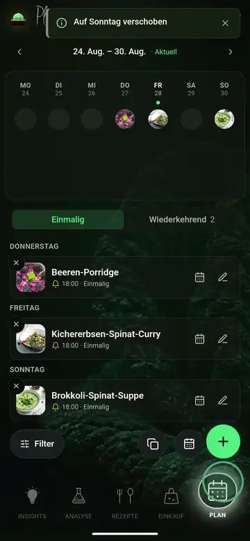 Food Secrets App — ein Food Insight direkt im Wochenplan terminieren, mit Erinnerung, damit aus Ernährungswissen eine Gewohnheit wird