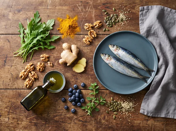 Antientzündliche Ernährung: Sardinen, Rucola, Kurkuma, Ingwer, Baumnüsse, Olivenöl und Heidelbeeren auf Holz