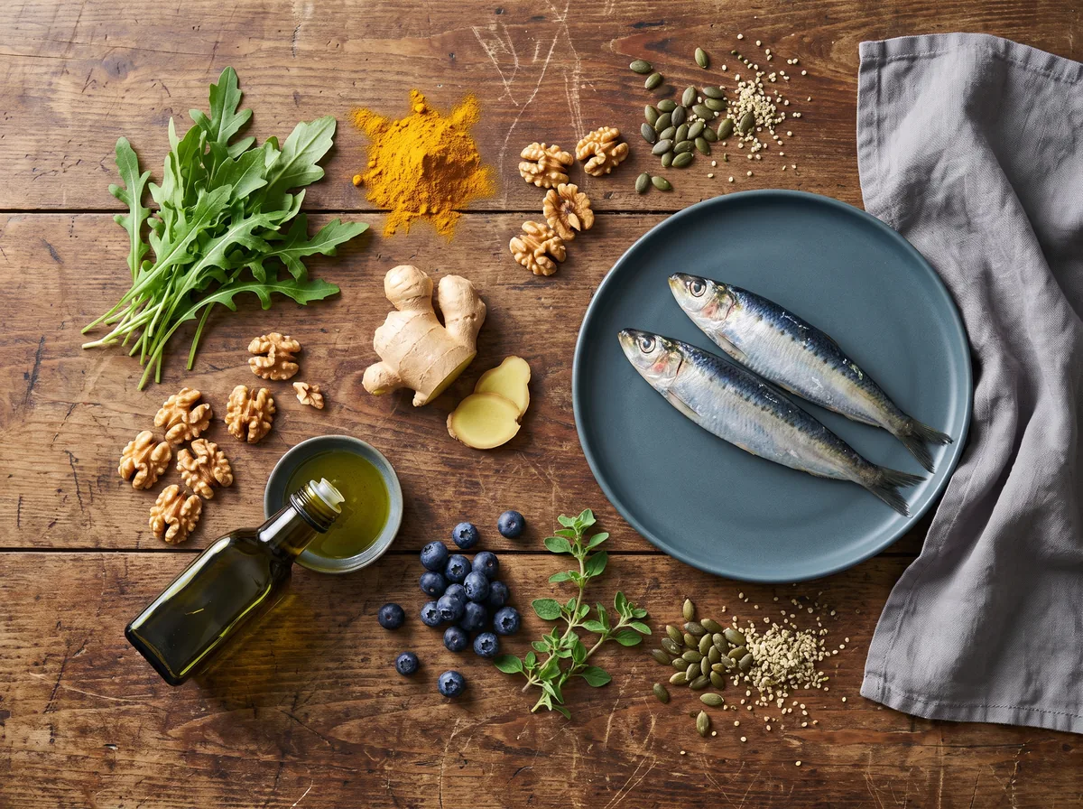 Antientzündliche Ernährung: Sardinen, Rucola, Kurkuma, Ingwer, Baumnüsse, Olivenöl und Heidelbeeren auf Holz