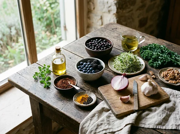 Heidelbeeren, Brombeeren, Brokkolisprossen, Federkohl, rote Zwiebel, Knoblauch, Baumnüsse, Kakao, Kurkuma, Oregano, grüner Tee und Olivenöl auf einem Holztisch