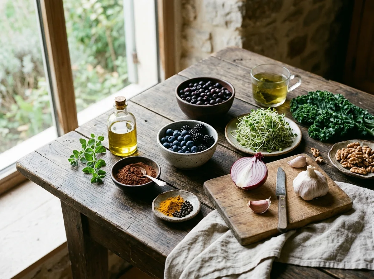 Heidelbeeren, Brombeeren, Brokkolisprossen, Federkohl, rote Zwiebel, Knoblauch, Baumnüsse, Kakao, Kurkuma, Oregano, grüner Tee und Olivenöl auf einem Holztisch