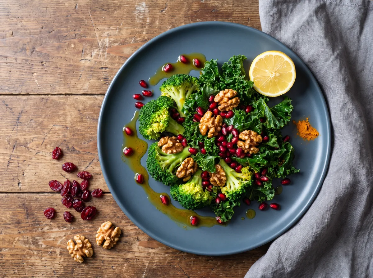Ricetta con alimenti per la prevenzione del cancro: insalata di broccoli e melograno con cavolo riccio, noci e condimento dorato al curcuma