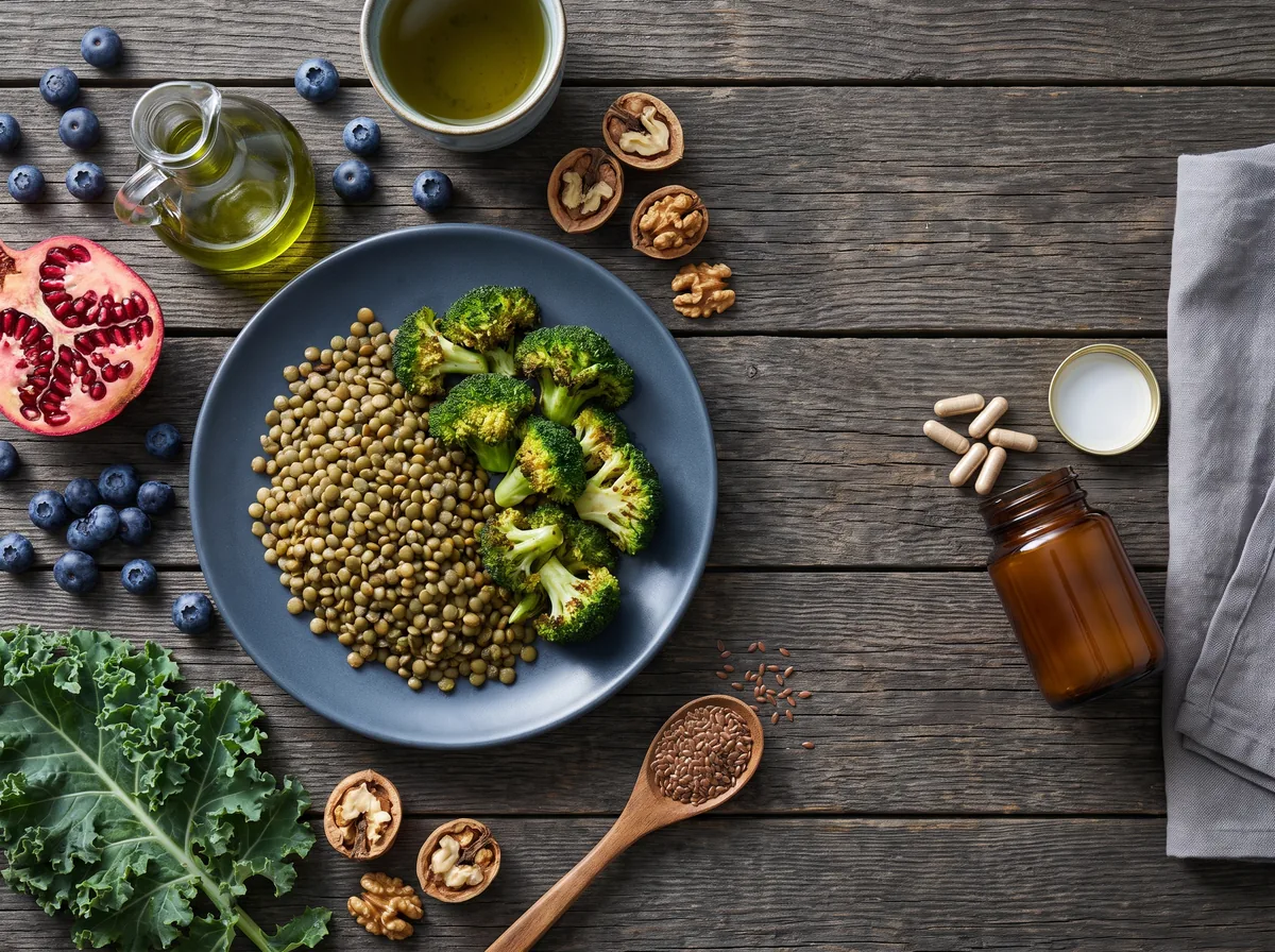La longévité sans budget biohacking : une assiette de lentilles et brocoli, des baies, du chou kale, de l'huile d'olive et des noix à côté d'un petit flacon de compléments