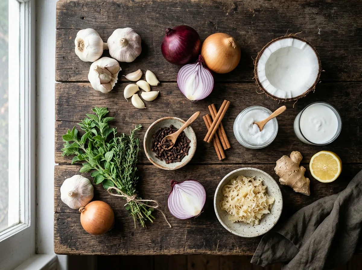 Knoblauch, Zwiebeln, Oregano, Thymian, Nelken, Ingwer, Zimtstangen und eine halbe Kokosnuss auf einem Holztisch, dazu ein Glas Naturjoghurt und eine Schale Sauerkraut