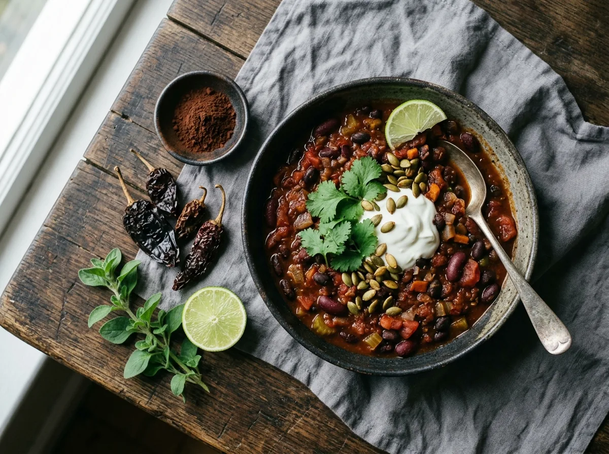 Rezept für den Blutdruck: Schale Chili sin Carne mit Kidneybohnen, schwarzen Bohnen, Tomaten, Joghurt, Koriander, Kürbiskernen und Limette, daneben Kakaopulver