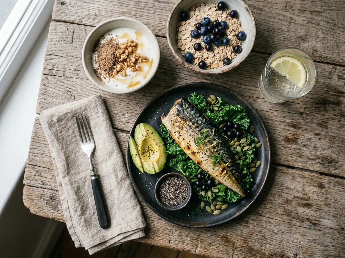 Gebratene Makrele auf Grünkohl mit Kürbiskernen, daneben Avocado, Chiasamen, Joghurt mit Leinsamen und Baumnüssen, Haferflocken mit Heidelbeeren und ein Glas Wasser auf einem Holztisch
