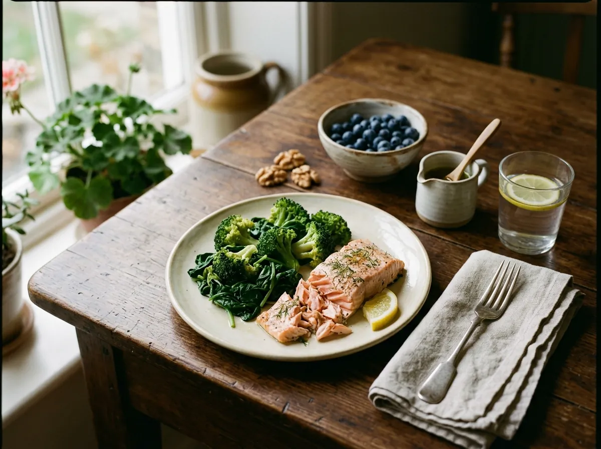 A simple meal on a wooden table: salmon, broccoli and spinach, with blueberries, walnuts and a glass of water