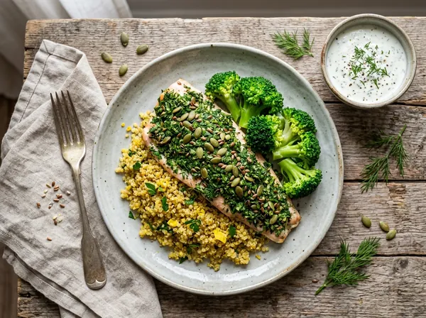 Forellenfilet mit grüner Kräuterkruste aus Petersilie, Dill und Kürbiskernen auf Kurkuma-Quinoa mit Brokkoli und Dill-Quark
