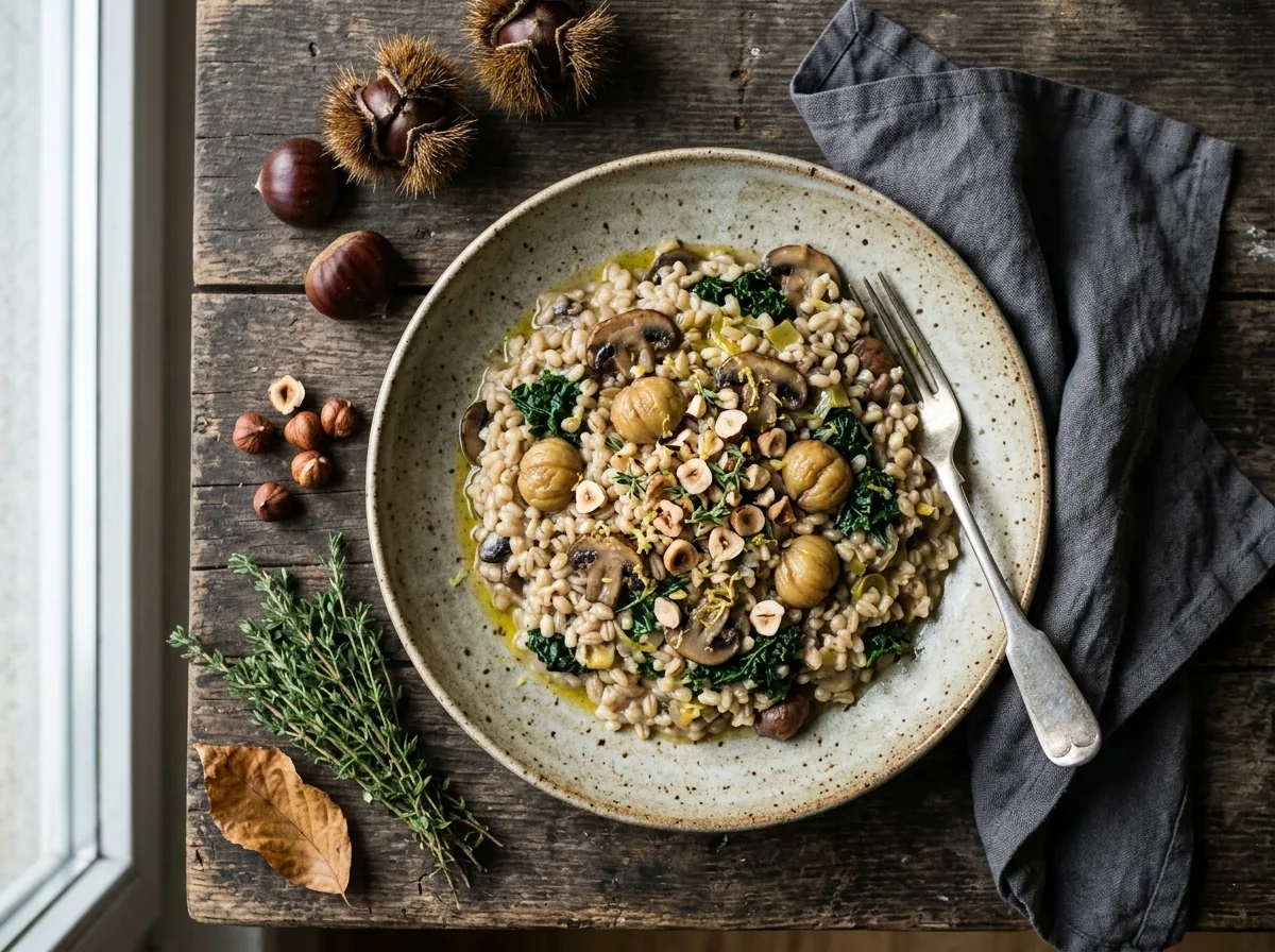 Recette de saison : assiette de risotto d’orge perlé, champignons, châtaignes, chou kale et poireau, parsemée de noisettes et de thym