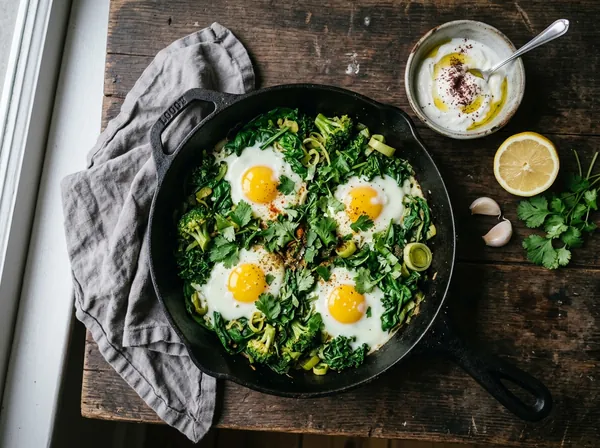 Grüne Shakshuka in der Pfanne: Eier auf Spinat, Federkohl, Brokkoli und Lauch, mit Koriander – Rezept zum Abnehmen