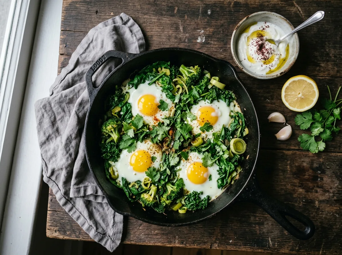 Ricetta dimagrante: shakshuka verde in padella di ghisa con quattro uova su spinaci, cavolo riccio, broccoli e porro, accanto yogurt e limone