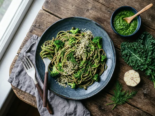 Vollkorn-Spaghetti mit grünem Grünkohl-Pesto, Brokkoli, Hanfsamen, Kapern und Dill auf einem blauen Teller