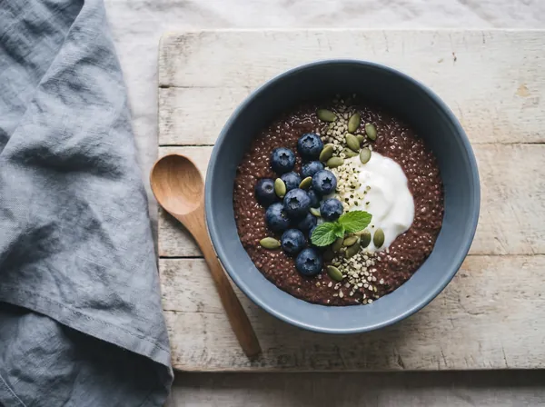 Heidelbeer-Chia-Pudding mit Kakao und Kürbiskernen – Rezept fürs Herz