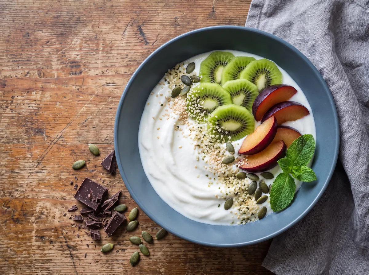 Recette longévité : bol de kéfir avec tranches de kiwi, quartiers de prune, menthe, sésame, graines de chanvre et de courge