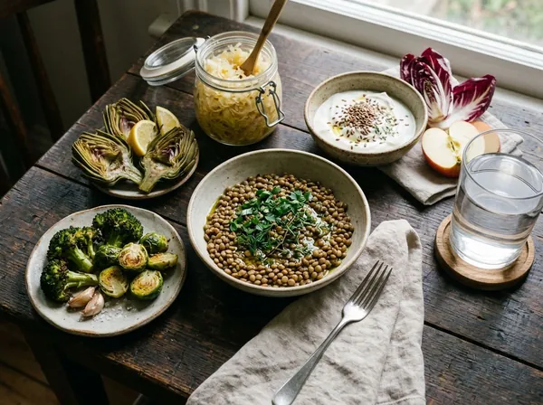 Linsen, Brokkoli, Rosenkohl und Artischocken auf einem Holztisch, dazu Sauerkraut, Joghurt mit Leinsamen, Radicchio, ein Apfel und ein Glas Wasser