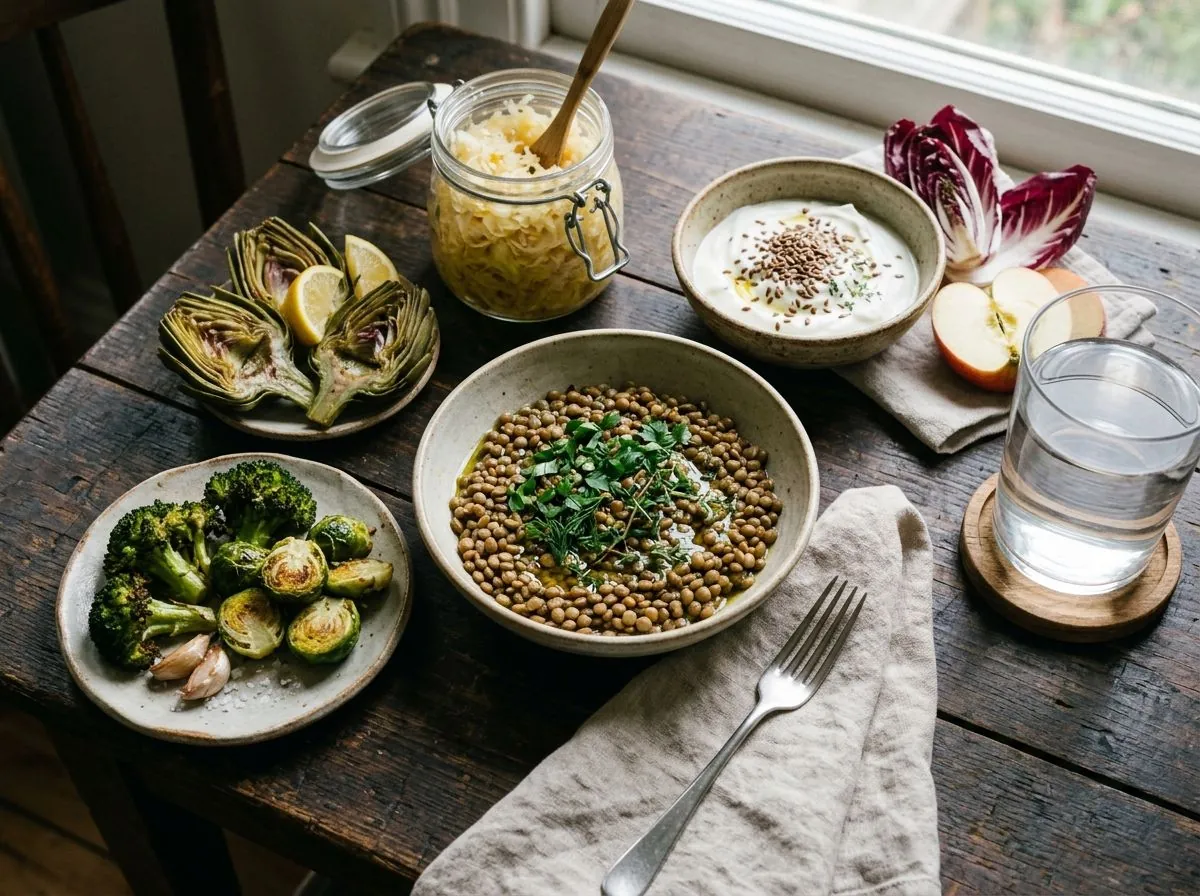 Lenticchie, broccoli, cavolini di Bruxelles e carciofi su un tavolo di legno, con crauti, yogurt con semi di lino, radicchio, una mela e un bicchiere d'acqua