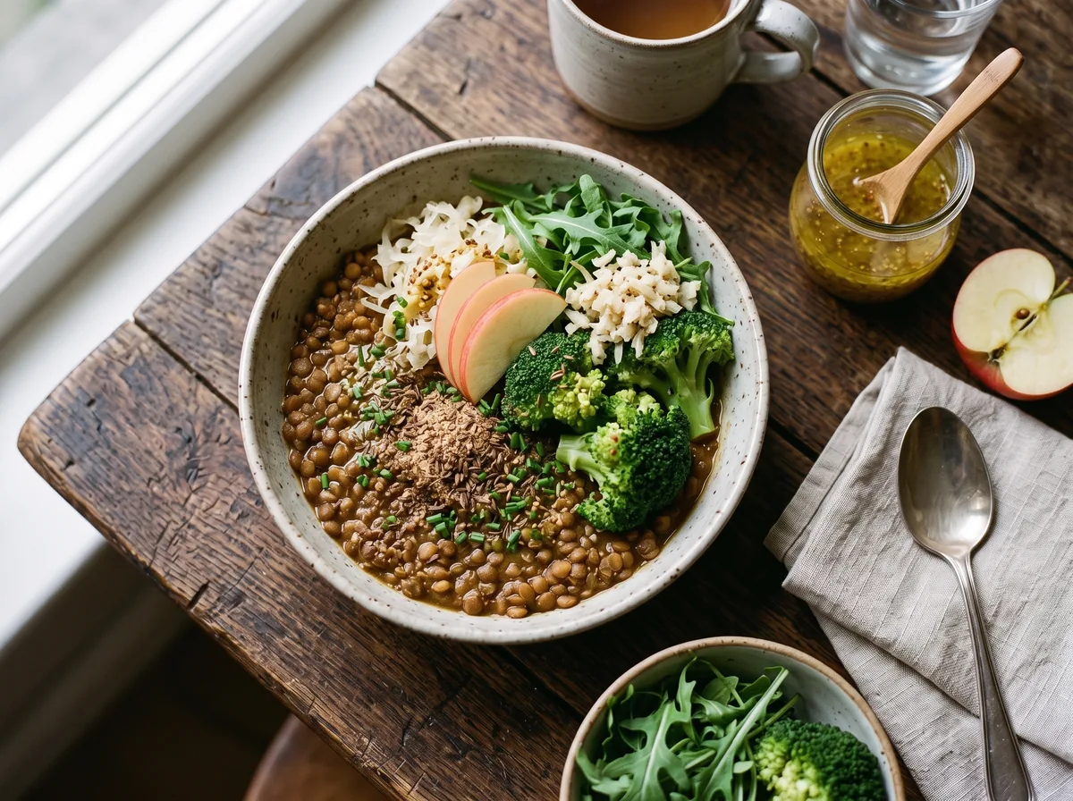 Recipe for digestion: warm lentil bowl with steamed broccoli, sauerkraut, apple slices, grated Jerusalem artichoke, rocket and mustard dressing