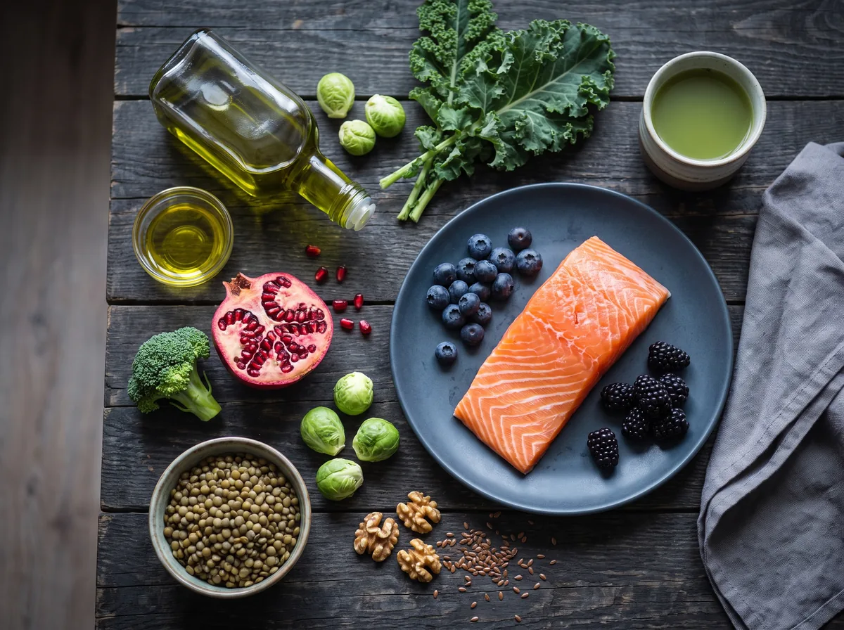Alimentation longévité : saumon, myrtilles, grenade, chou kale, lentilles, noix, huile d'olive et thé vert sur du bois