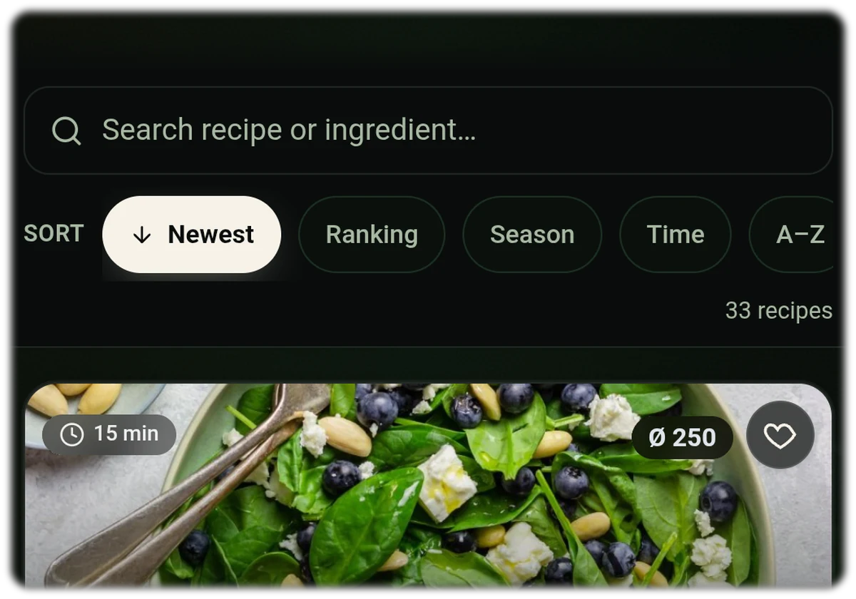 Recipe list in the Food Secrets nutrition app with a search field, ranking sort and a recipe scored 94