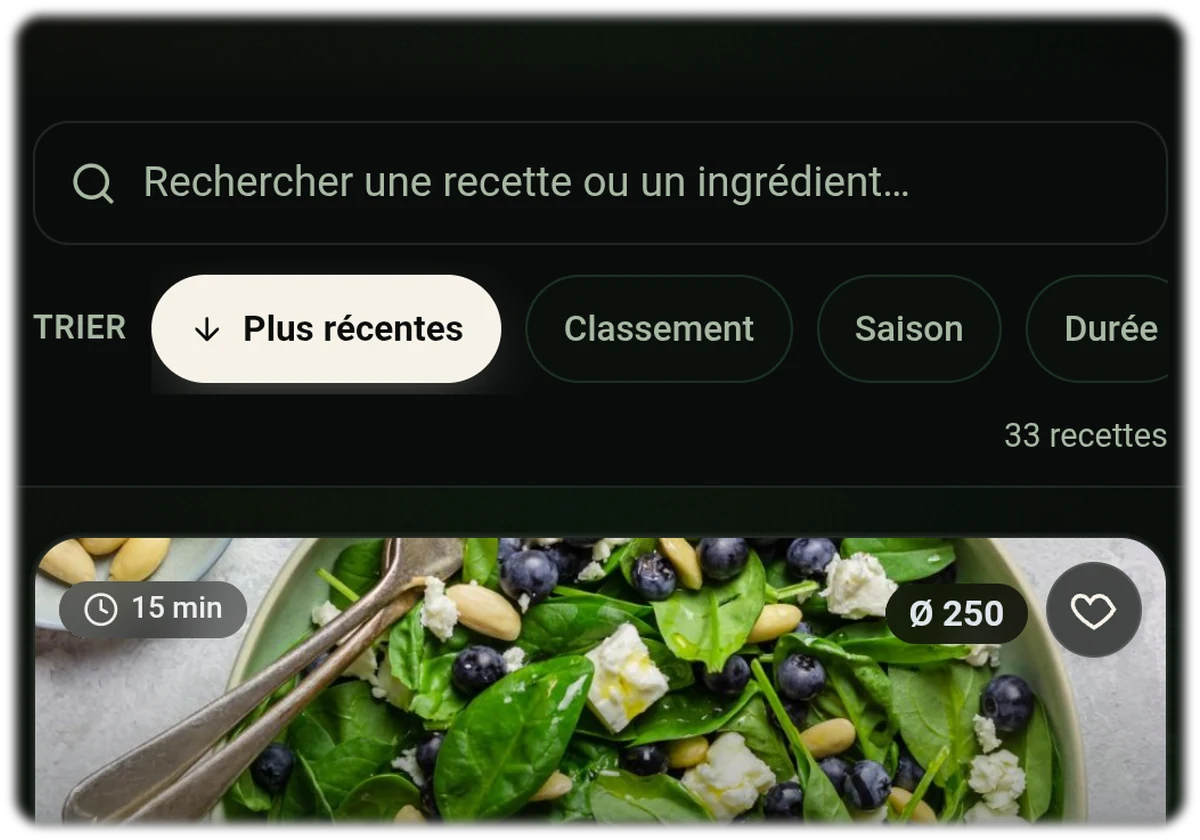 Liste de recettes de l application de nutrition Food Secrets avec recherche, tri par classement et une recette notee 94