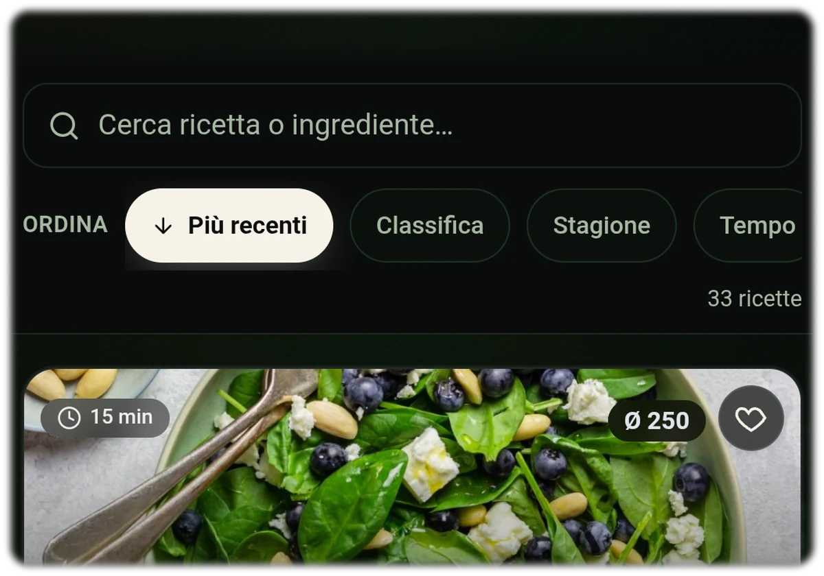 Elenco di ricette dell app di nutrizione Food Secrets con ricerca, ordinamento per classifica e una ricetta con punteggio 94