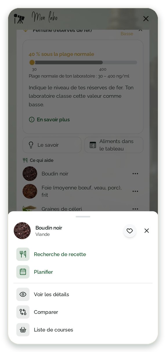 Actions pour un aliment du bilan : chercher des recettes, plan de la semaine, liste de courses, favori, comparer