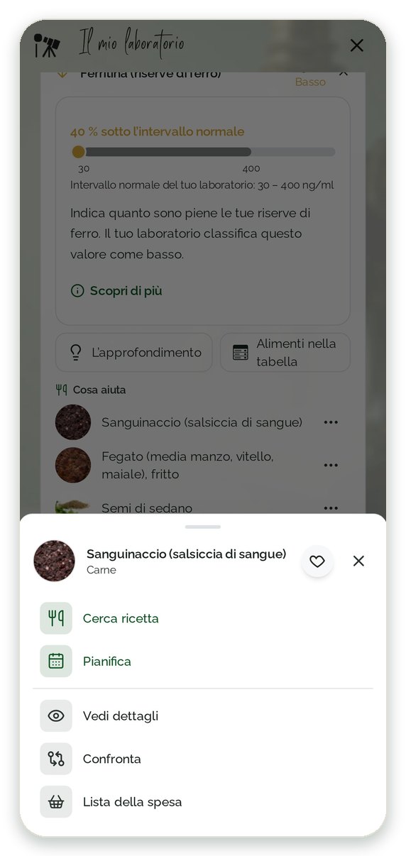 Azioni per un alimento del referto: cercare ricette, piano settimanale, lista della spesa, preferiti, confronto
