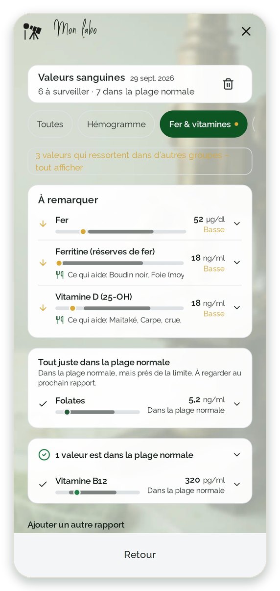 Ce qui ressort – d’abord Mon labo : fer, ferritine et vitamine D marqués bas par le laboratoire, acide folique dans la plage normale