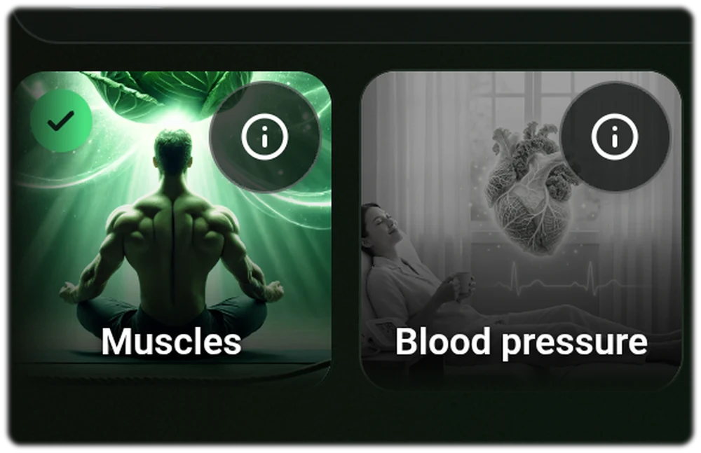 Goal picker in the Food Secrets app showing the Weight loss and Blood pressure tiles, with Weight loss marked as the active nutrition goal