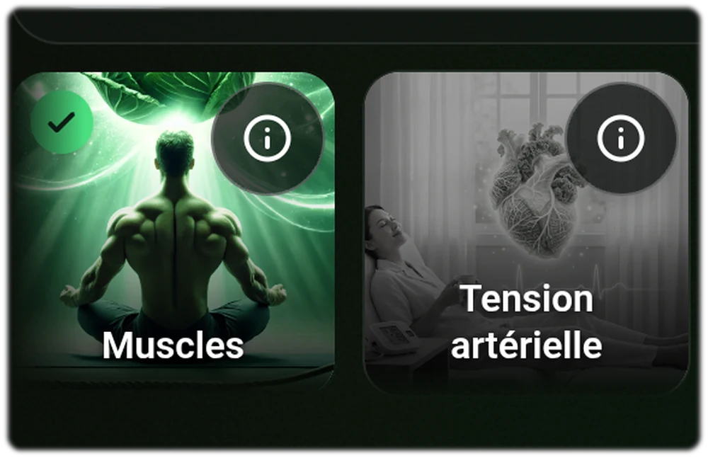 Selection d objectif dans l application Food Secrets: les tuiles Perte de poids et Tension arterielle, Perte de poids etant l objectif actif