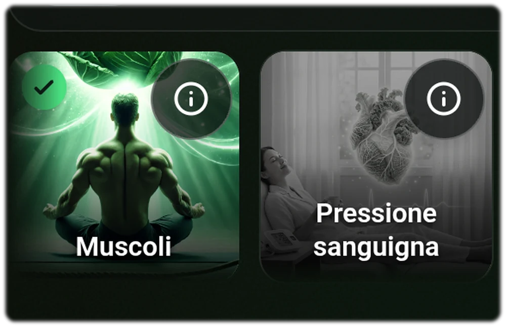 Selezione dell obiettivo nell app Food Secrets: i riquadri Perdita di peso e Pressione sanguigna, con Perdita di peso come obiettivo attivo