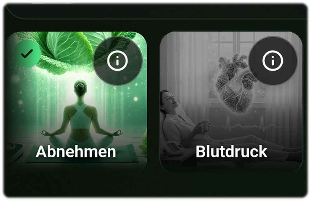 Ziel-Auswahl in der Food Secrets App: die Kacheln Abnehmen und Blutdruck, Abnehmen ist als aktives Ernaehrungsziel markiert