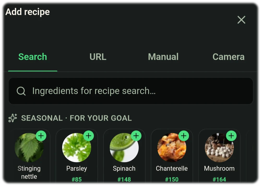 Recipe import through the in-app Google search: the green Add recipe button sits over the recipe images of the page that was found