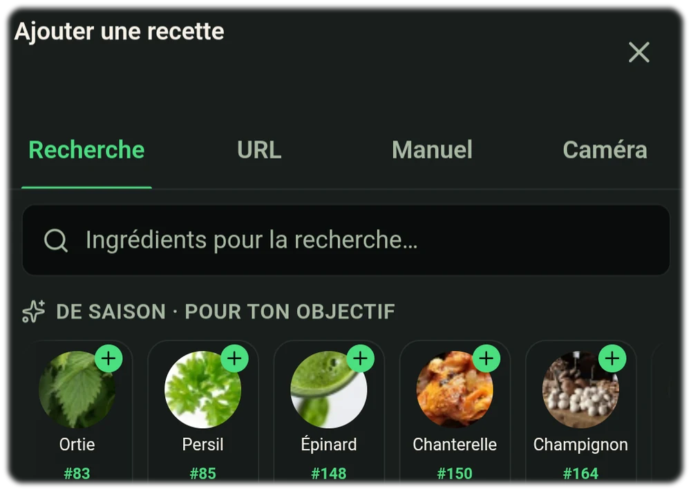 Import de recette via la recherche Google integree: le bouton vert Ajouter la recette se superpose aux images de la page trouvee