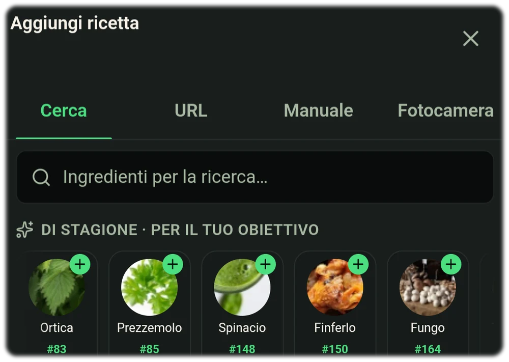Importazione della ricetta tramite la ricerca Google integrata: il pulsante verde Aggiungi ricetta si sovrappone alle immagini della pagina trovata
