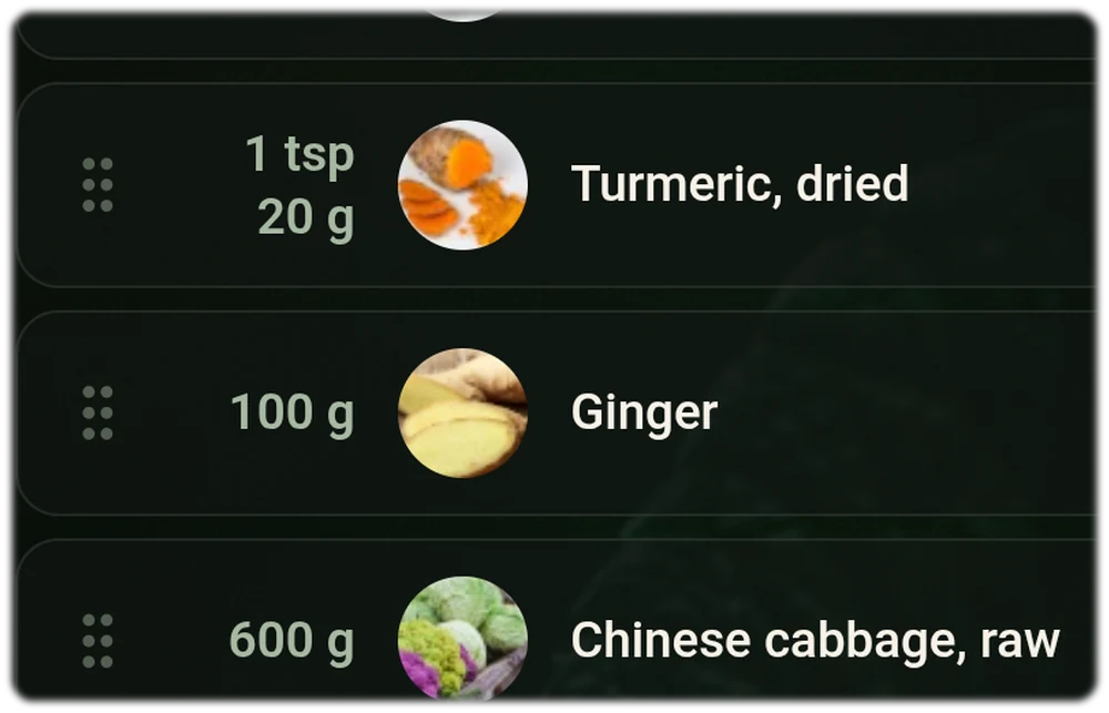 Automatically generated shopping list with amounts per person: 1 avocado, 1 teaspoon of turmeric and 100 grams of ginger