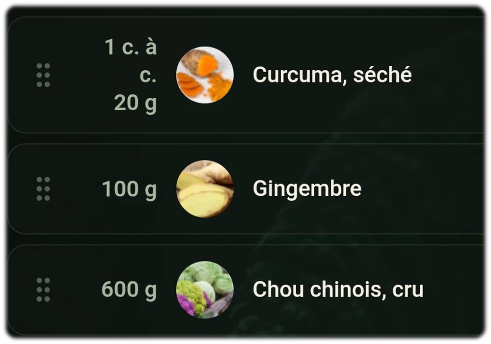 Liste de courses generee automatiquement avec les quantites par personne: 1 avocat, 1 cuillere a cafe de curcuma et 100 grammes de gingembre