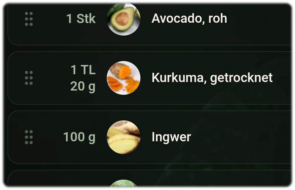 Automatisch erzeugte Einkaufsliste mit Mengen je Person: 1 Stueck Avocado, 1 Teeloeffel Kurkuma und 100 Gramm Ingwer